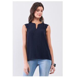 Womens Tank Top Navy Slit Neckline Scallop Hem Shoulder Loose Fit Sugar Lips NEW
